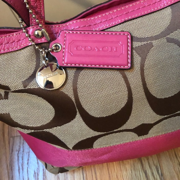 Coach Signature Pink Stripe Leather Tote - Picture 2 of 4